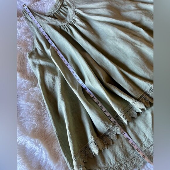 Sleeveless Green Italian Linen Boho Cottagecore Tunic with Crochet Lace Trim L - Picture 7 of 10